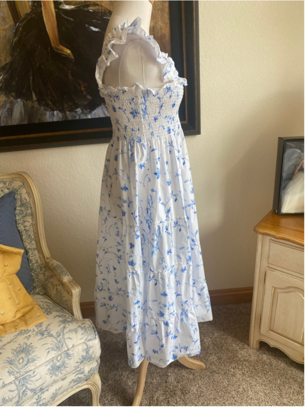 Hill House White Blue Floral Smocked Ruffle Midi Dress M - Picture 3 of 6
